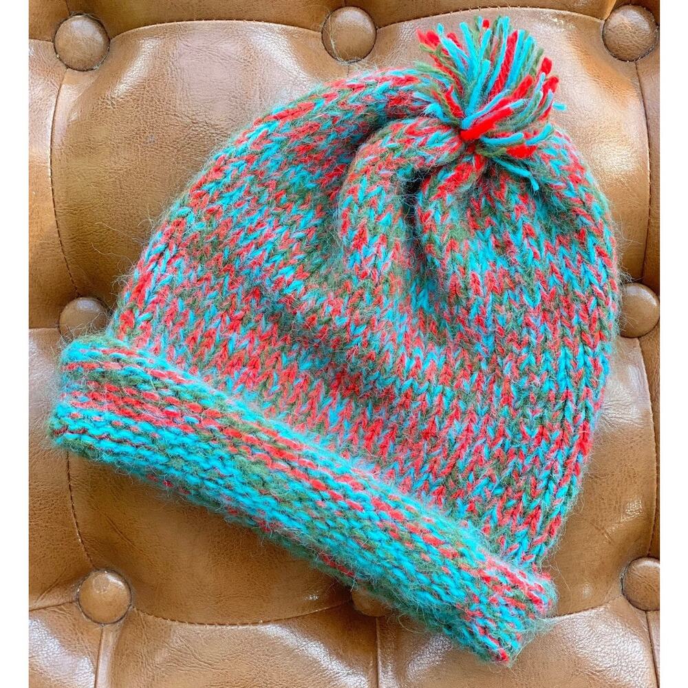 Vintage Knit Winter Hat, Teal Red Green Yarn, Rolled Edge, Fits Most Adults